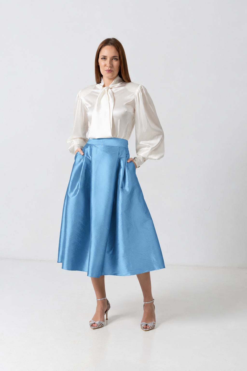 Midi white taffeta skirt