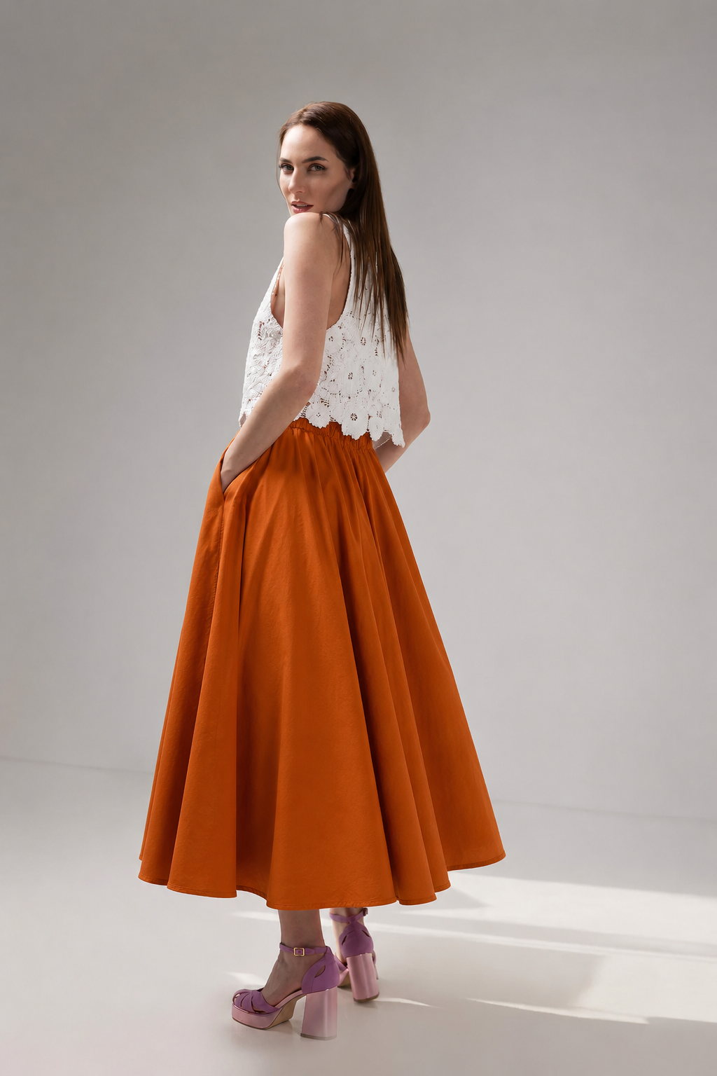 Load image into Gallery viewer, Yellow midi pleated skirt with elastic band