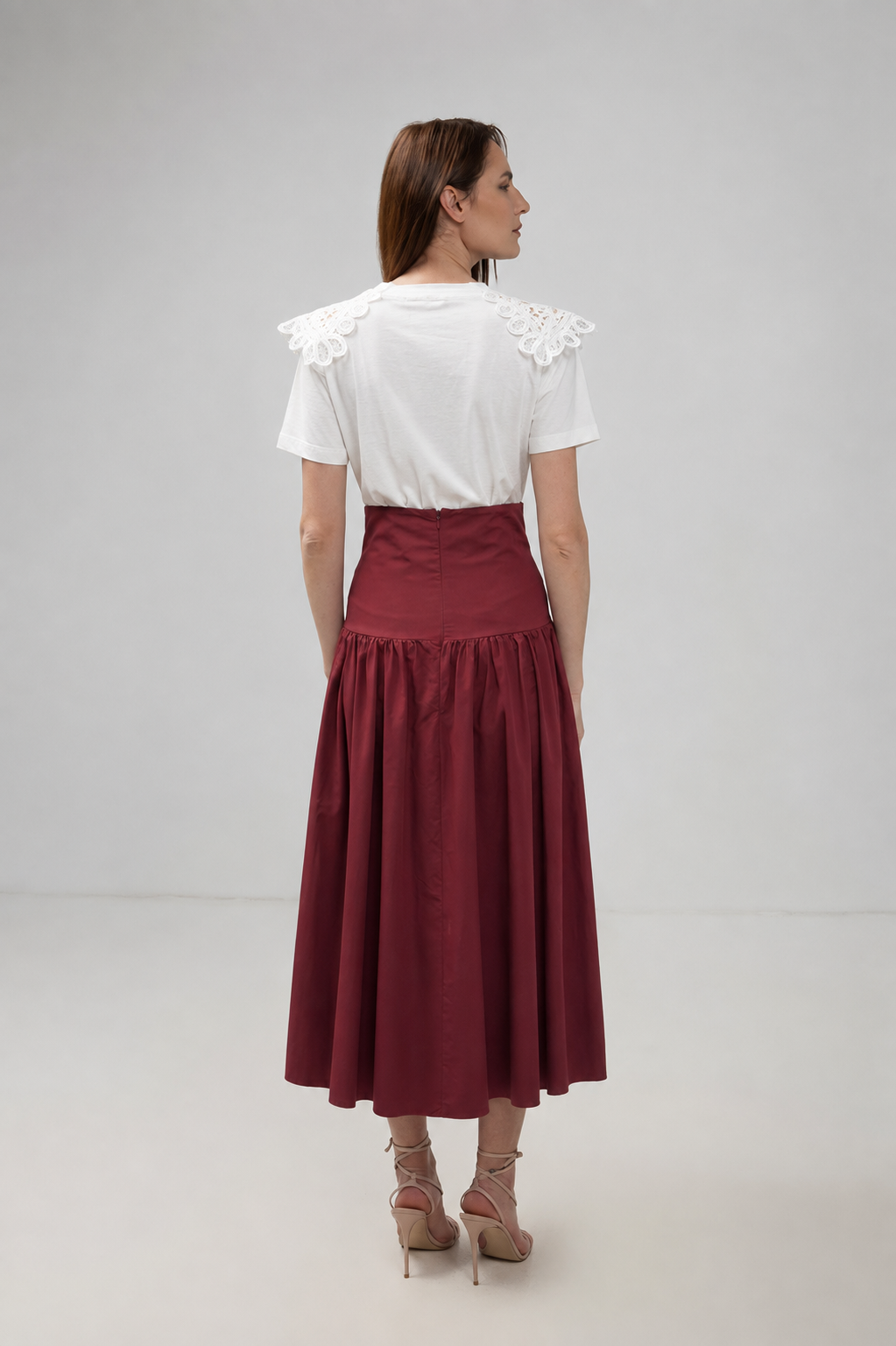 Incarca imaginea in galerie, Fustă Midi Burgundy din Bumbac cu Talie Înaltă