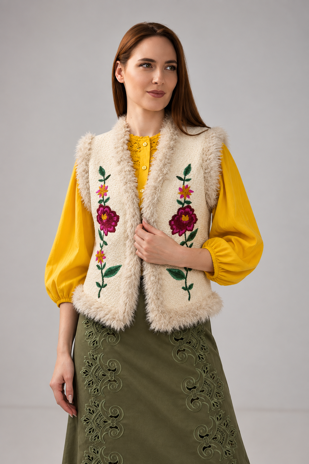 Load image into Gallery viewer, Ecru wool midi jacket with "Tree of Life" embroidery