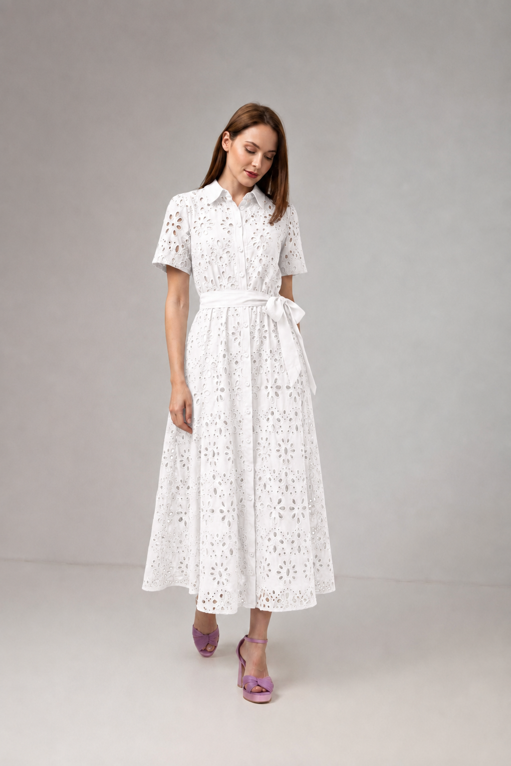 Incarca imaginea in galerie, Rochie Cămașă Lungă Albă cu Broderie Decupată