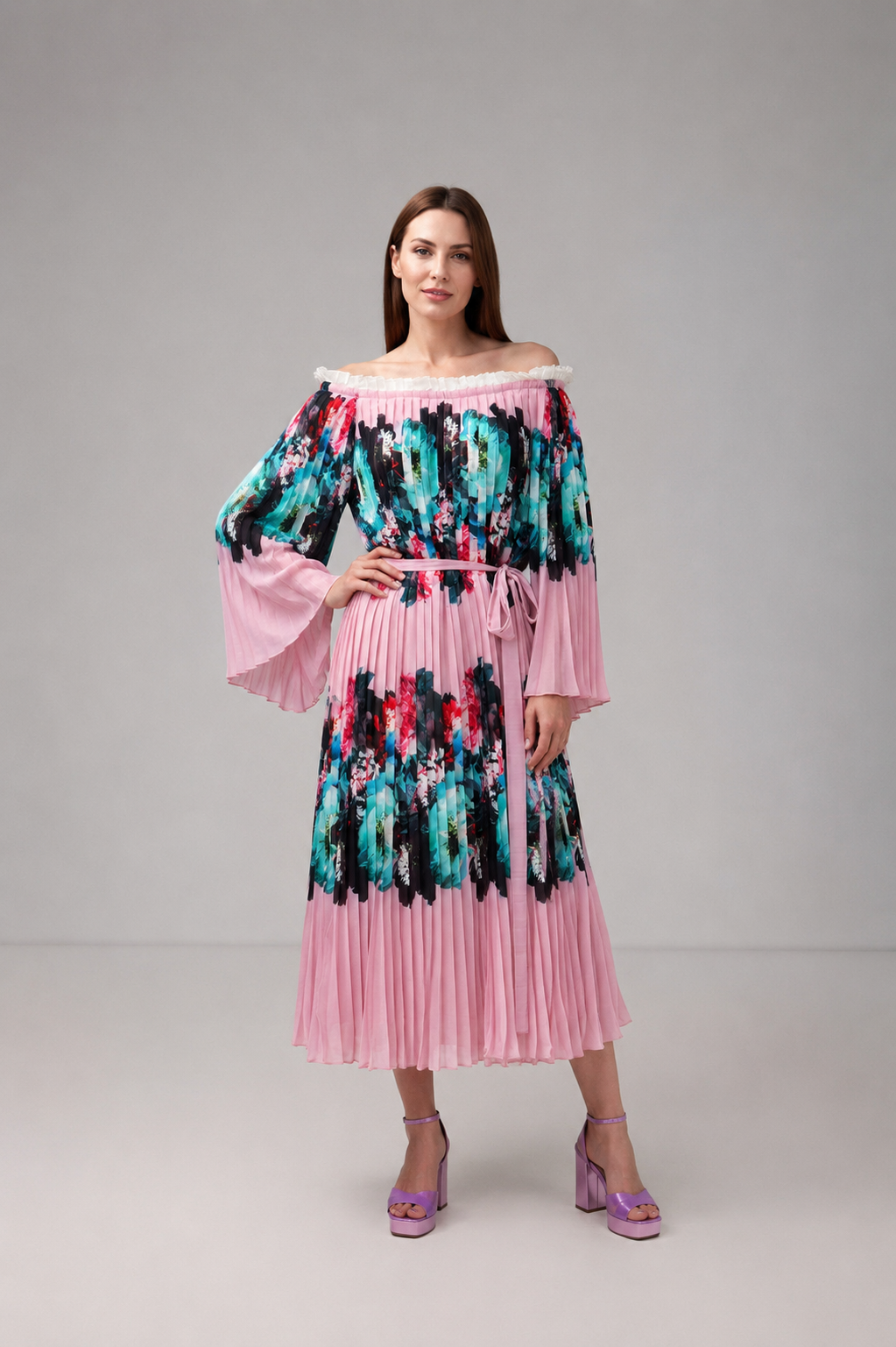 Incarca imaginea in galerie, Rochie Midi Plisată Roz cu Print Floral și Umeri Goi