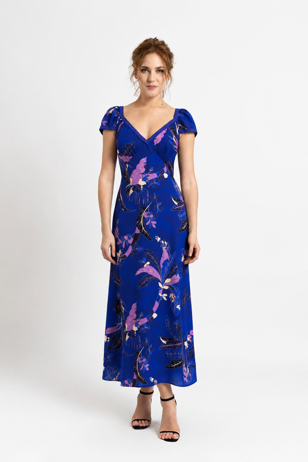 Incarca imaginea in galerie, Rochie Midi Albastru Royal cu Print Floral din Vâscoză