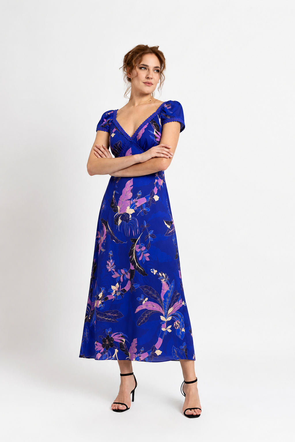 Incarca imaginea in galerie, Rochie Midi Albastru Royal cu Print Floral din Vâscoză