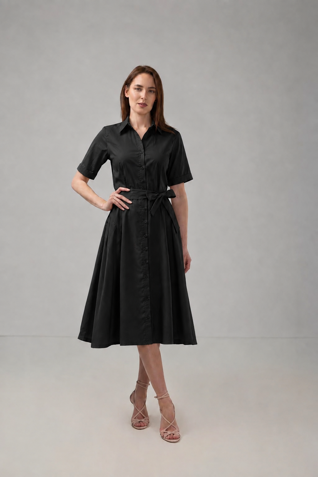 Load image into Gallery viewer, Dark green cotton shirt dress with macrame applications