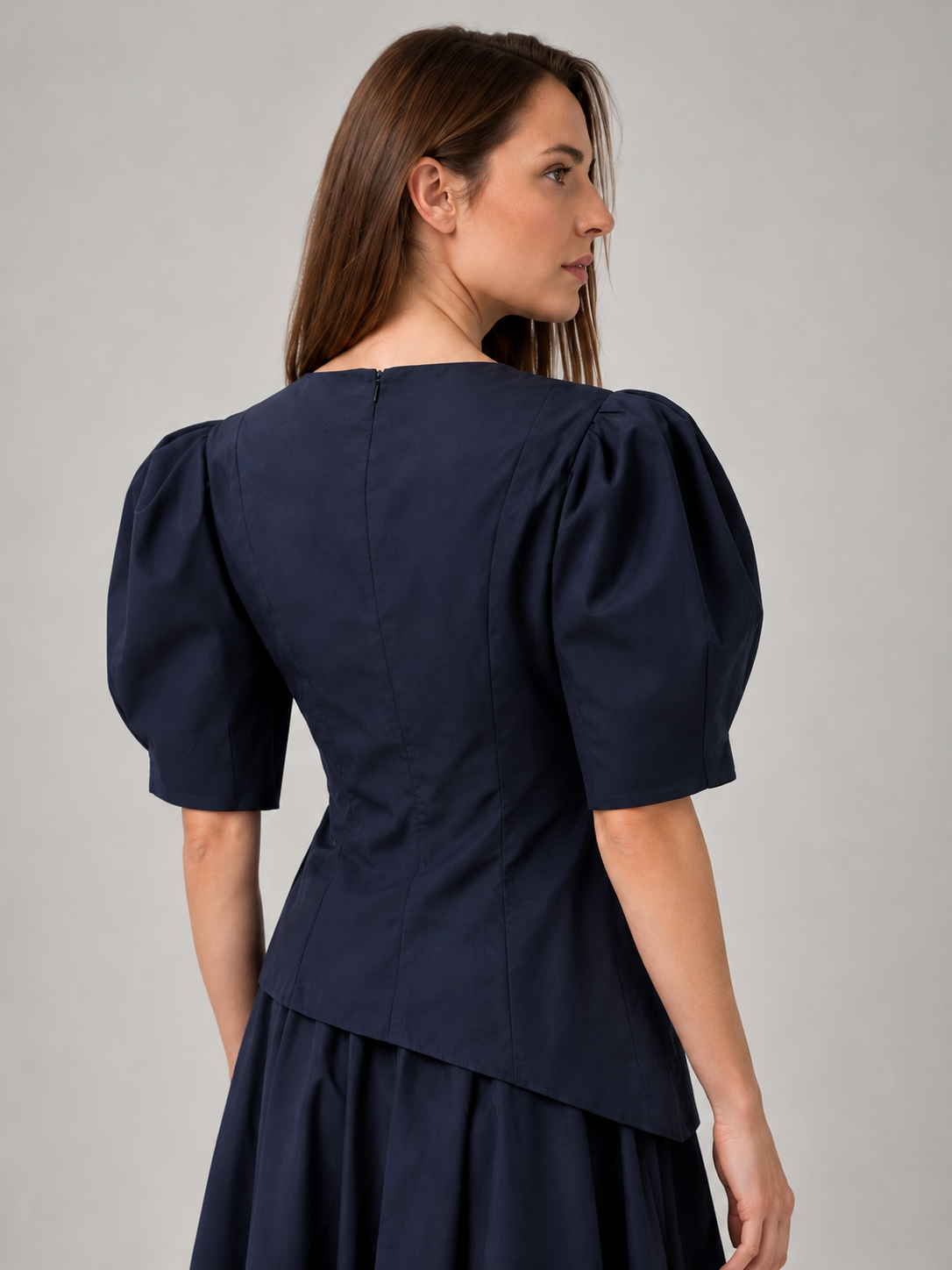 Incarca imaginea in galerie, Bluză Navy Blue Asimetrică din Bumbac cu Mâneci Bufante