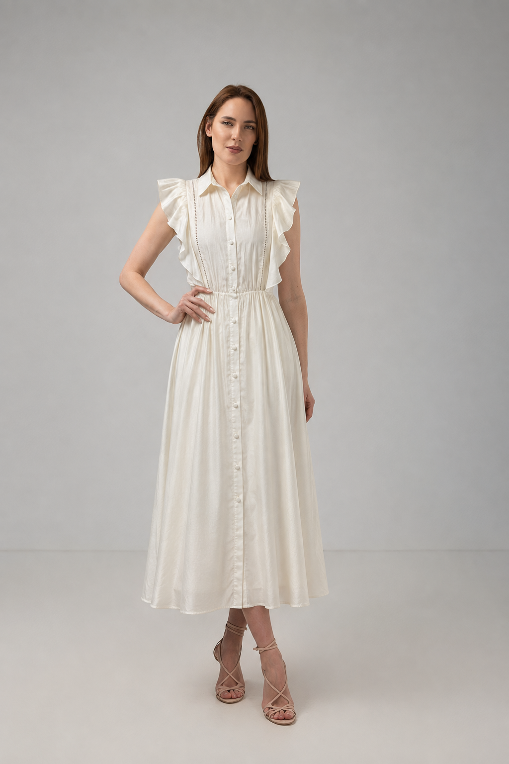 Incarca imaginea in galerie, Rochie Lungă Ivoar cu Volane și Guler Cămașă