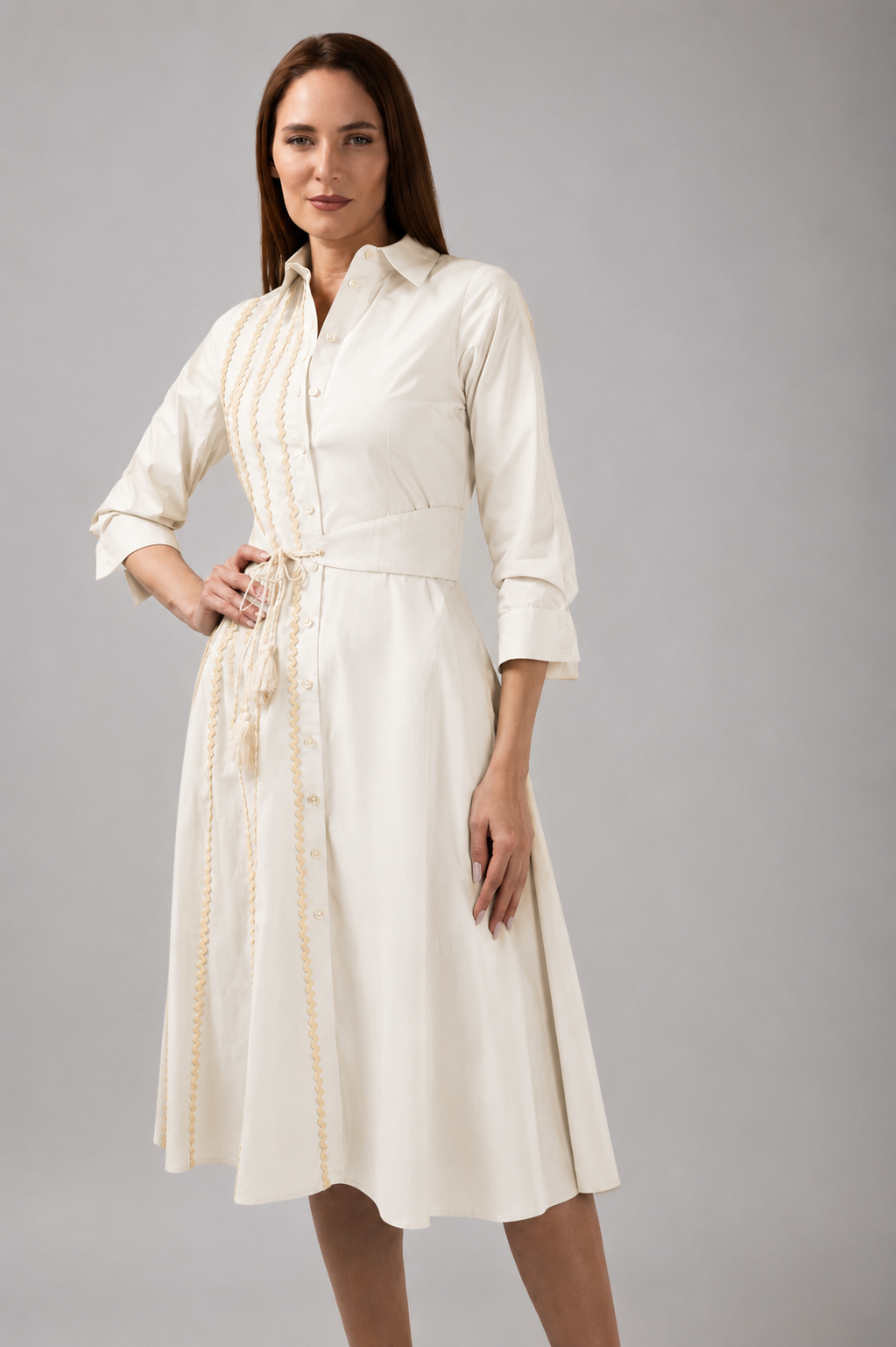 Incarca imaginea in galerie, Rochie cămașă midi ivoar din bumbac premium cu detalii decorative și cordon în talie