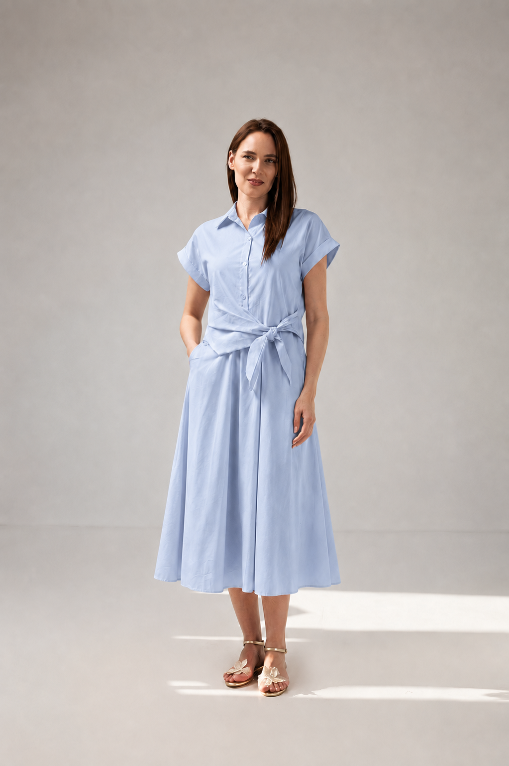 Incarca imaginea in galerie, Rochie Midi Tip Cămașă Din Bumbac Cu Cordon În Talie - Bleu Ciel