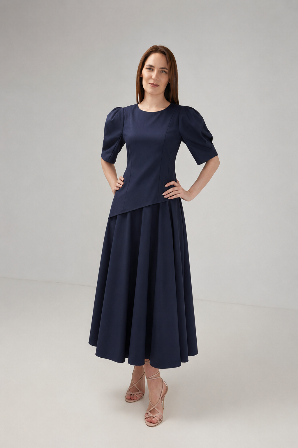 Incarca imaginea in galerie, Bluză Navy Blue Asimetrică din Bumbac cu Mâneci Bufante