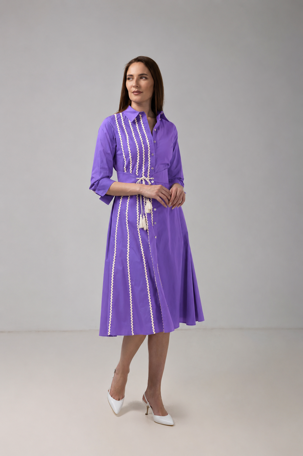 Incarca imaginea in galerie, Rochie-cămașă midi mov lila din bumbac premium cu detalii decorative și cordon în talie