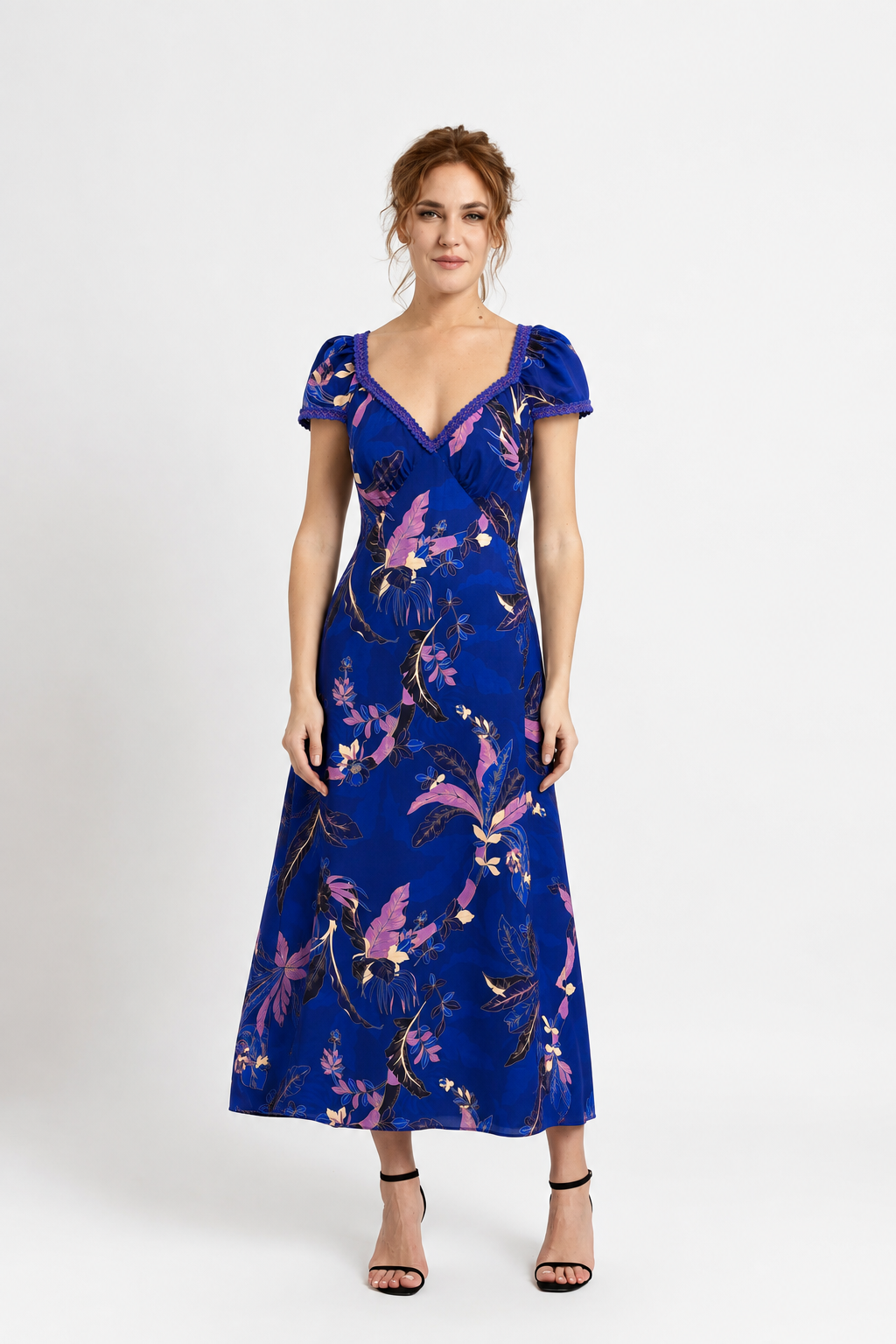 Incarca imaginea in galerie, Rochie Midi Albastru Royal cu Print Floral din Vâscoză