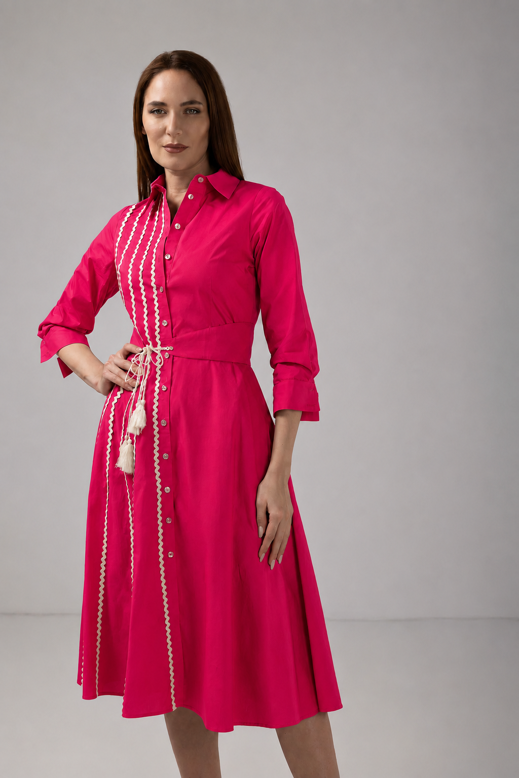 Load image into Gallery viewer, Dark green cotton shirt dress with macrame applications