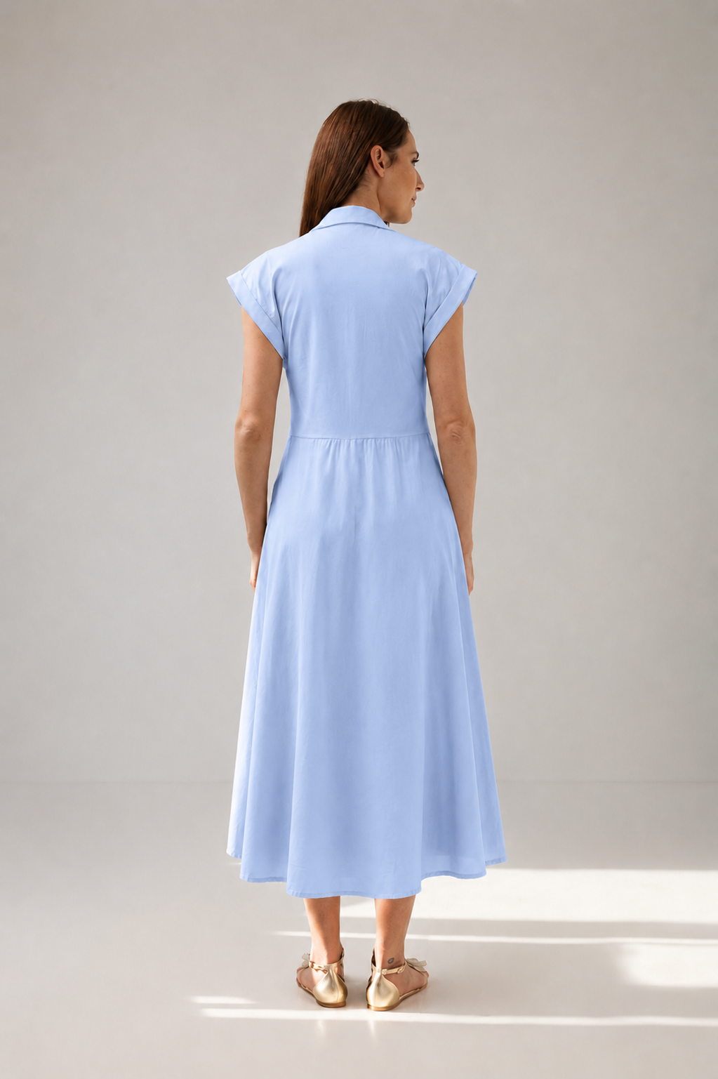 Incarca imaginea in galerie, Rochie Midi Tip Cămașă Din Bumbac Cu Cordon În Talie - Bleu Ciel