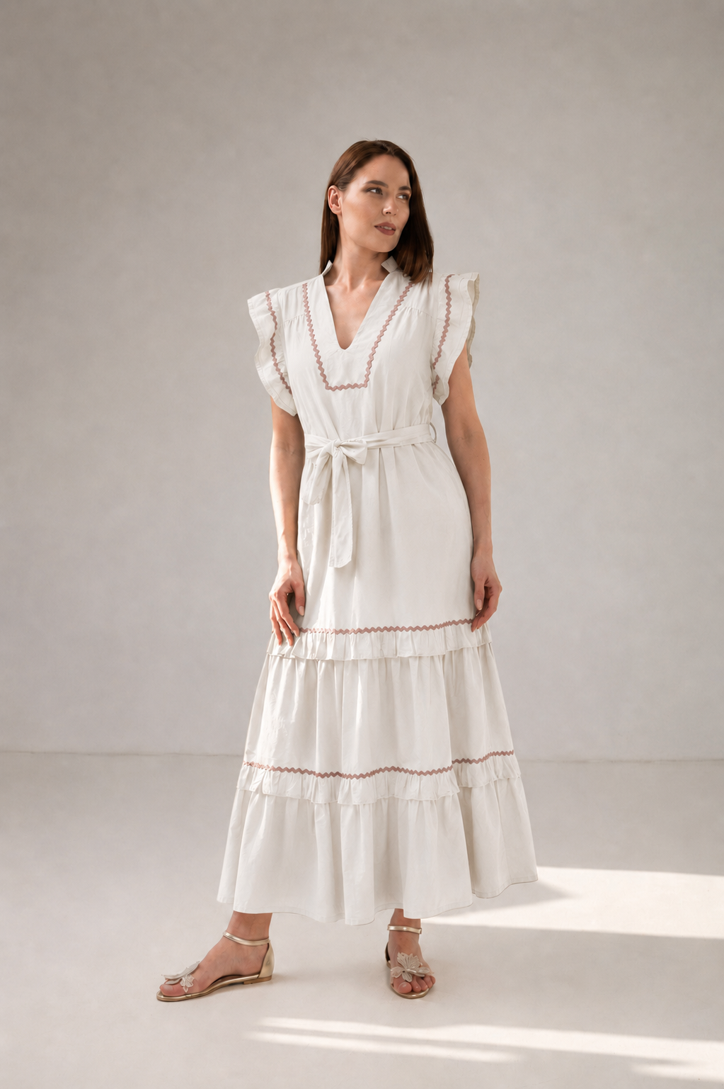 Incarca imaginea in galerie, Rochie Maxi Ivoar  Volane, Cordon în Talie și Inserții Decorative (Copy)