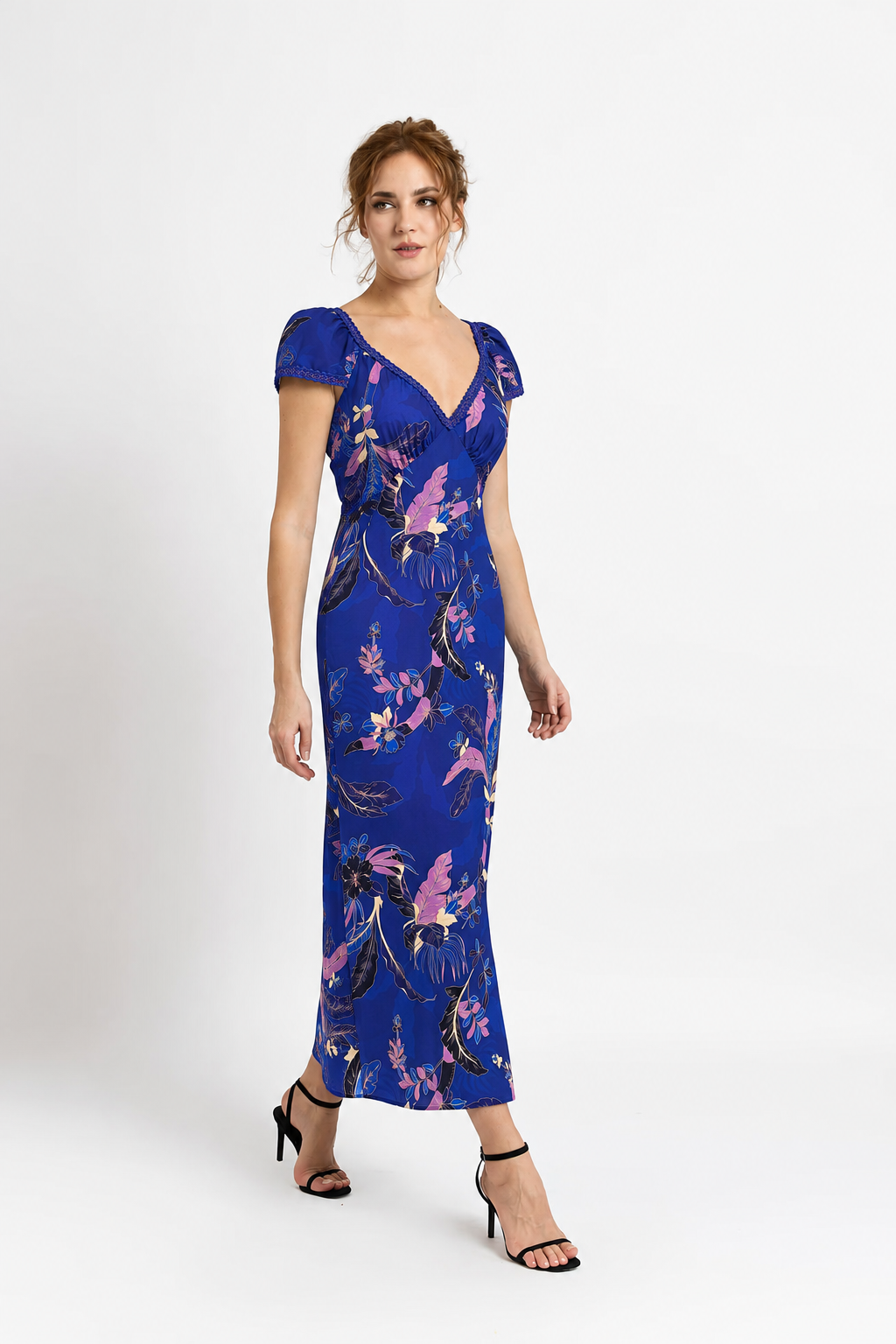 Incarca imaginea in galerie, Rochie Midi Albastru Royal cu Print Floral din Vâscoză