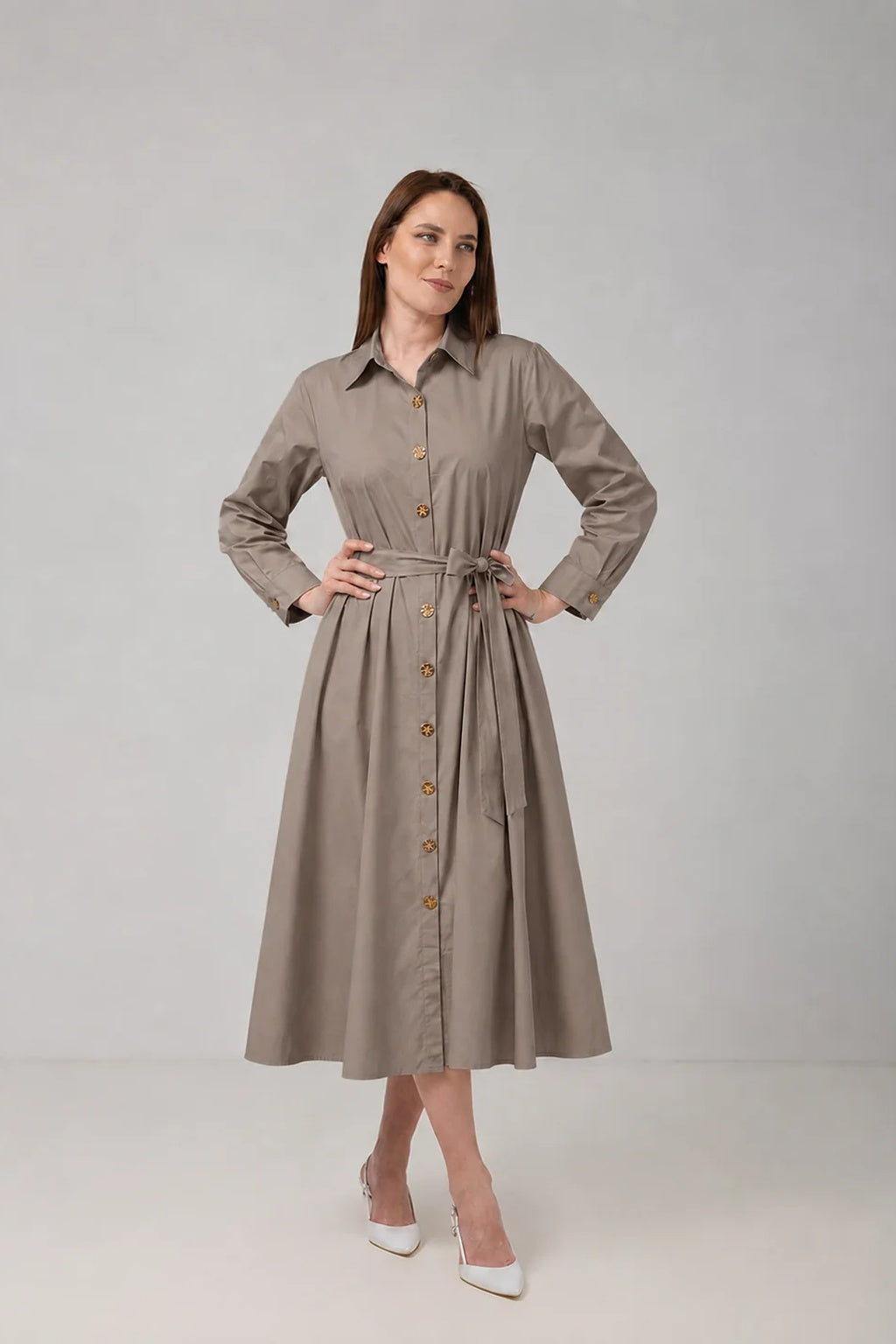 Load image into Gallery viewer, Dark green cotton shirt dress with macrame applications