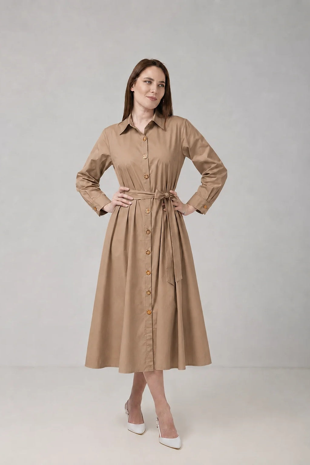 Incarca imaginea in galerie, Rochie Cămașă Bej-Camel cu Cordon în Talie