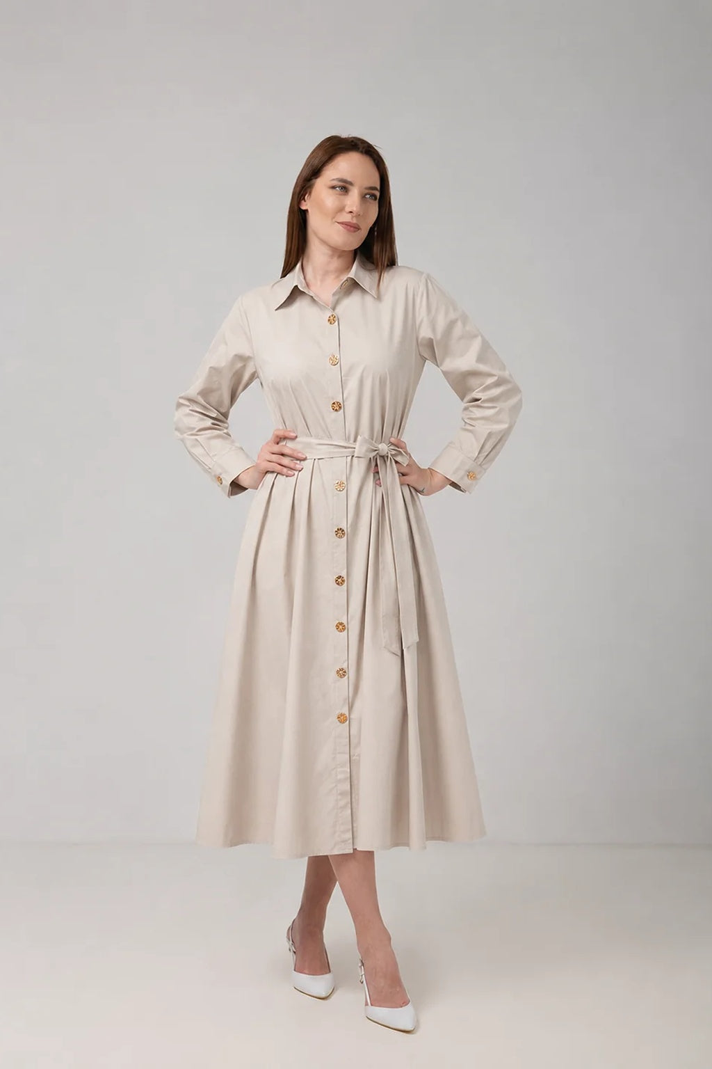 Load image into Gallery viewer, Dark green cotton shirt dress with macrame applications