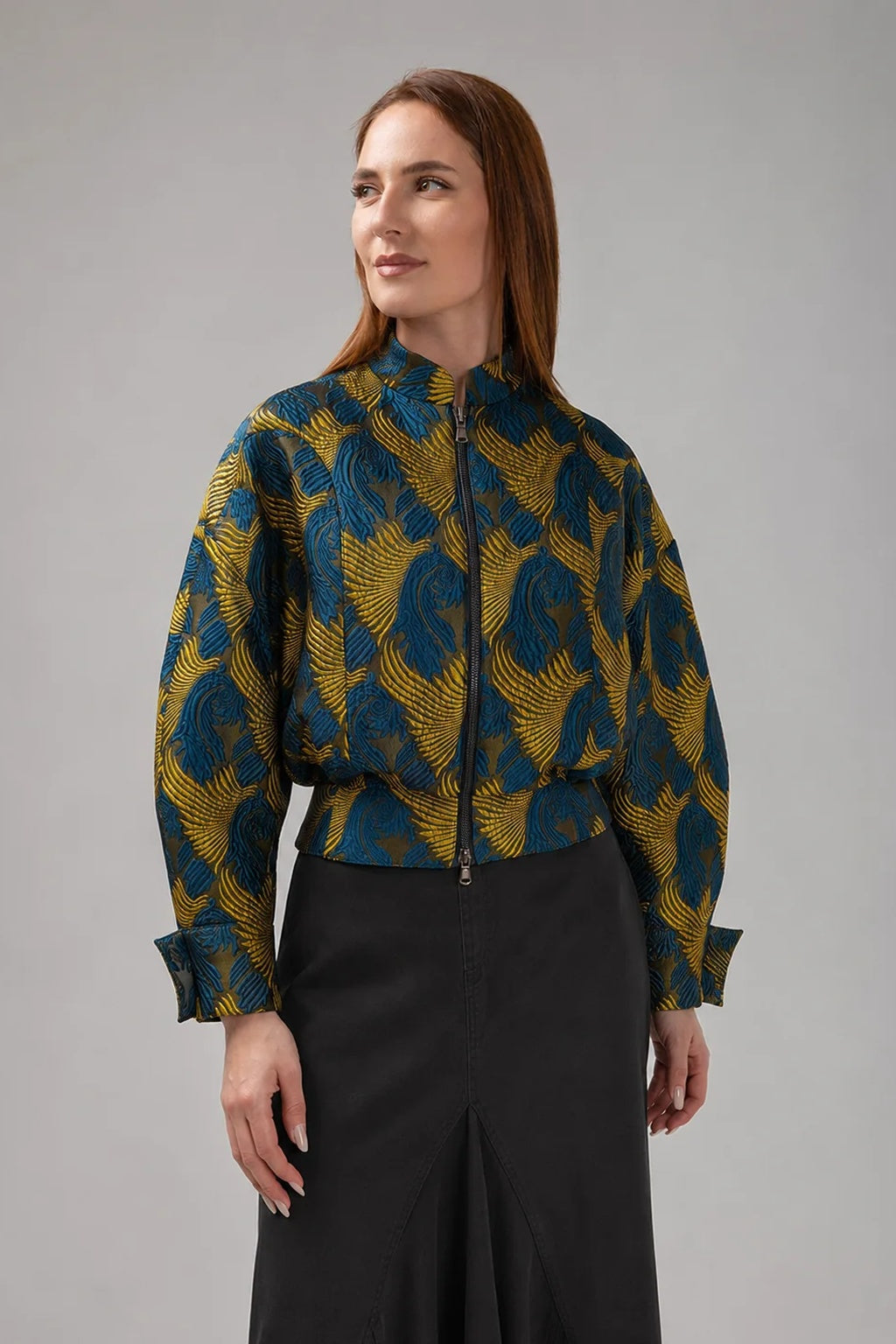 Incarca imaginea in galerie, Jachetă Bomber Jacquard cu Motive Grafice – Albastru Petrol &amp; Auriu