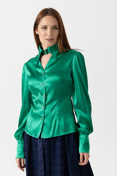 Organza shirt with ivory natural silk and floral embroidery