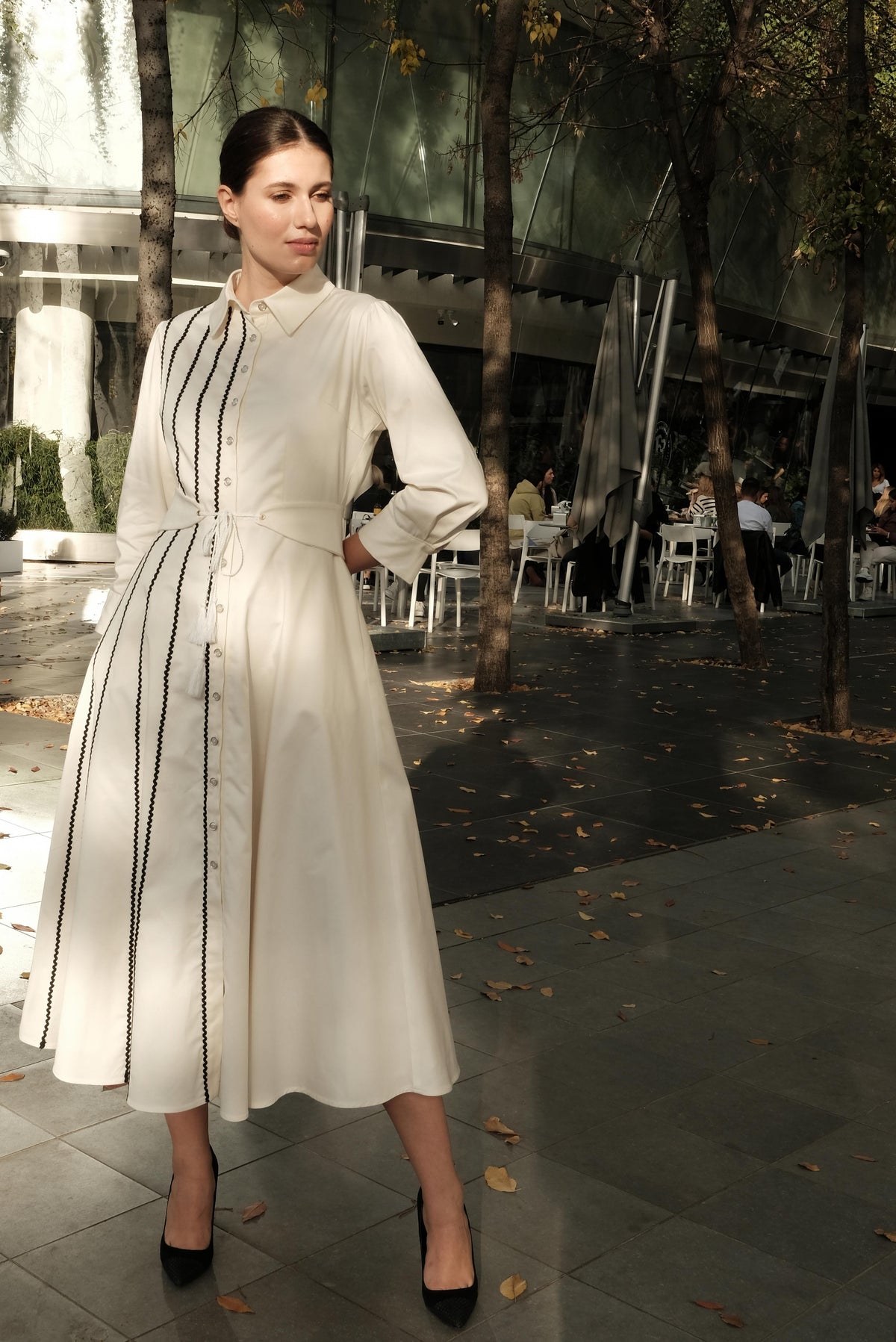Shirt dress in white satin cotton with macrame applications