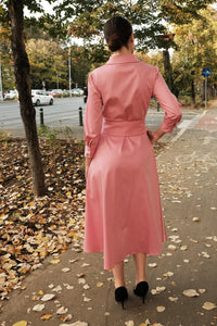 Rochie camasa din bumbac satinat roz pudra cu aplicatii macrame