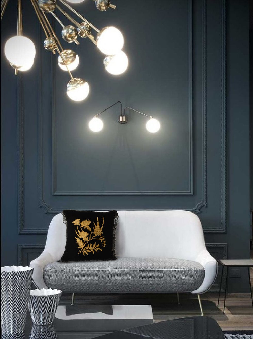 Velvet decorative pillow with golden embroidery
