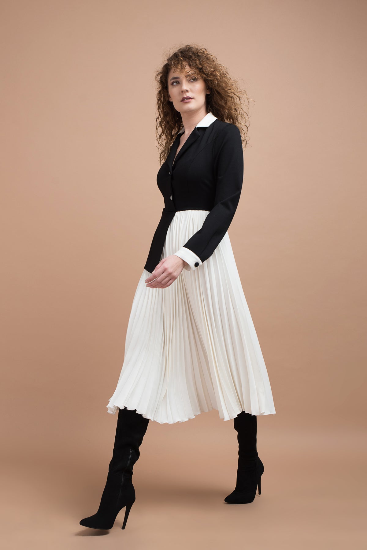 Black jersey dress and white pleated skirt