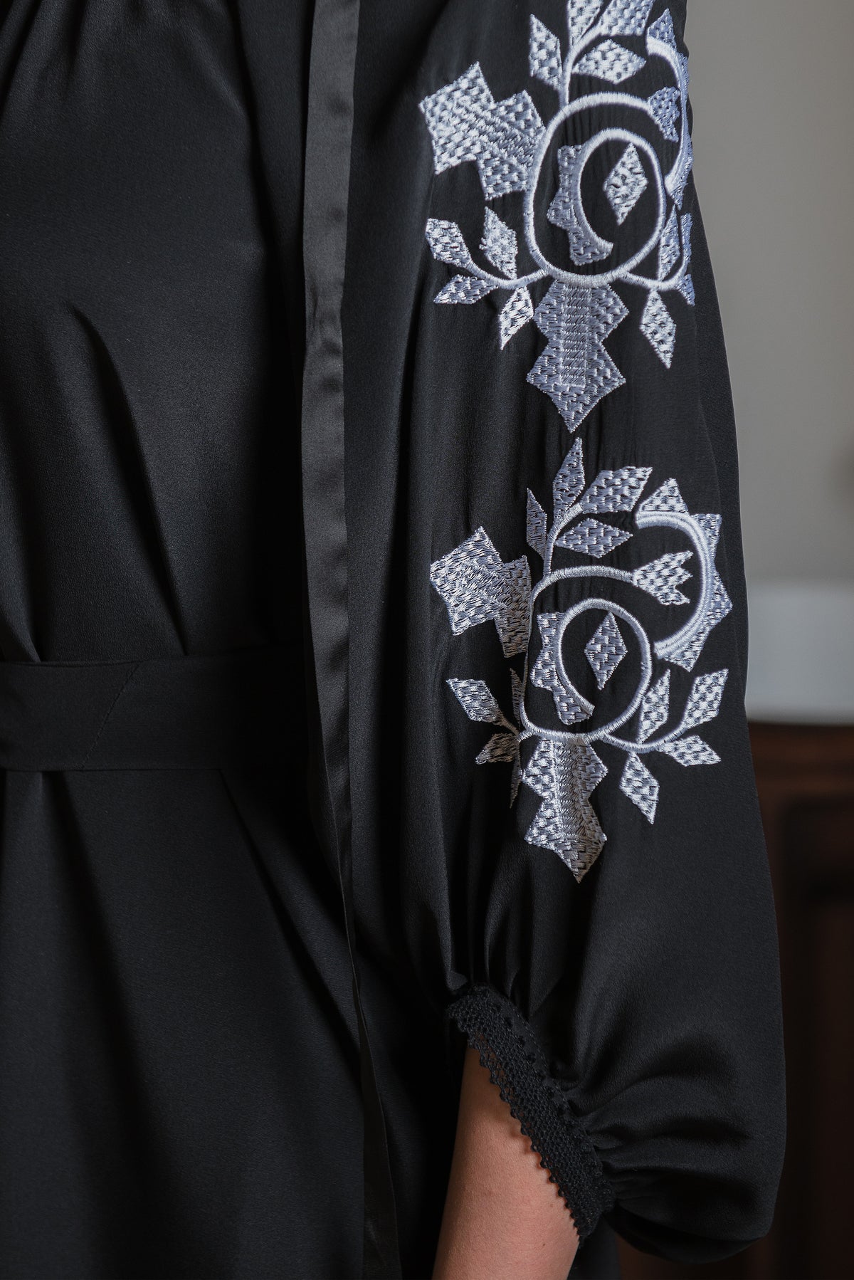 Black silk midi dress with computerized embroidery