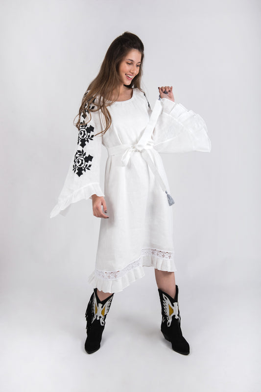 White linen type dress with computerized embroidery