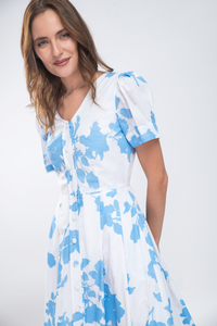 Rochie midi cu nasturi din bumbac cu imprimeu floral albastru