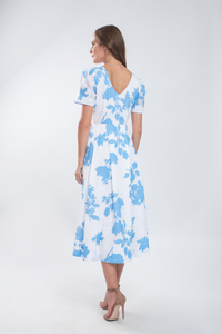 Rochie midi cu nasturi din bumbac cu imprimeu floral albastru