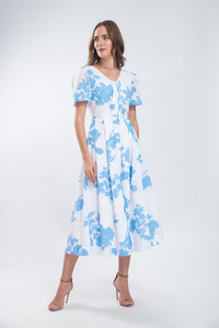 Rochie midi cu nasturi din bumbac cu imprimeu floral albastru